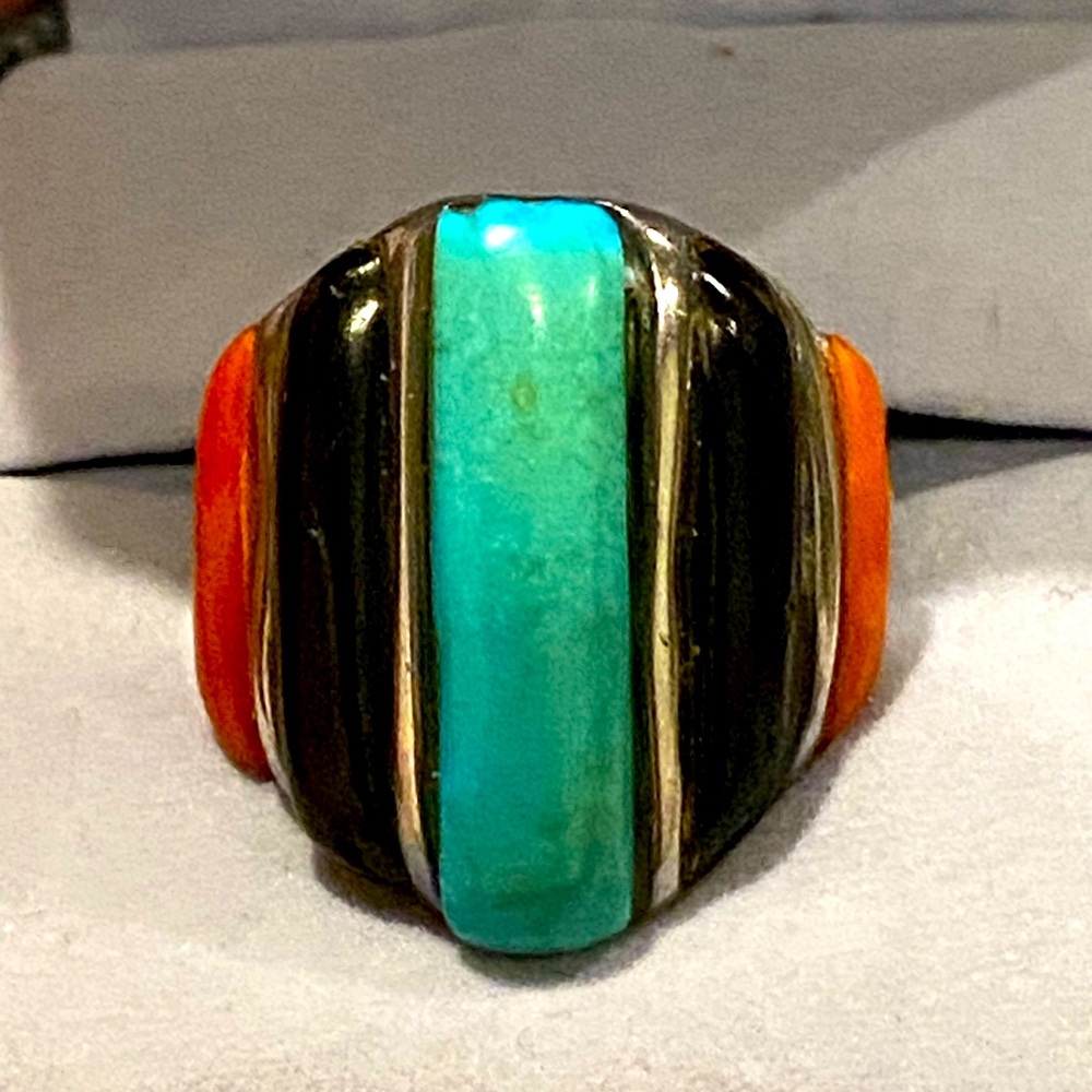 Native American Vintage Turquoise Onyx and Coral Sterling Silver Ring size 9